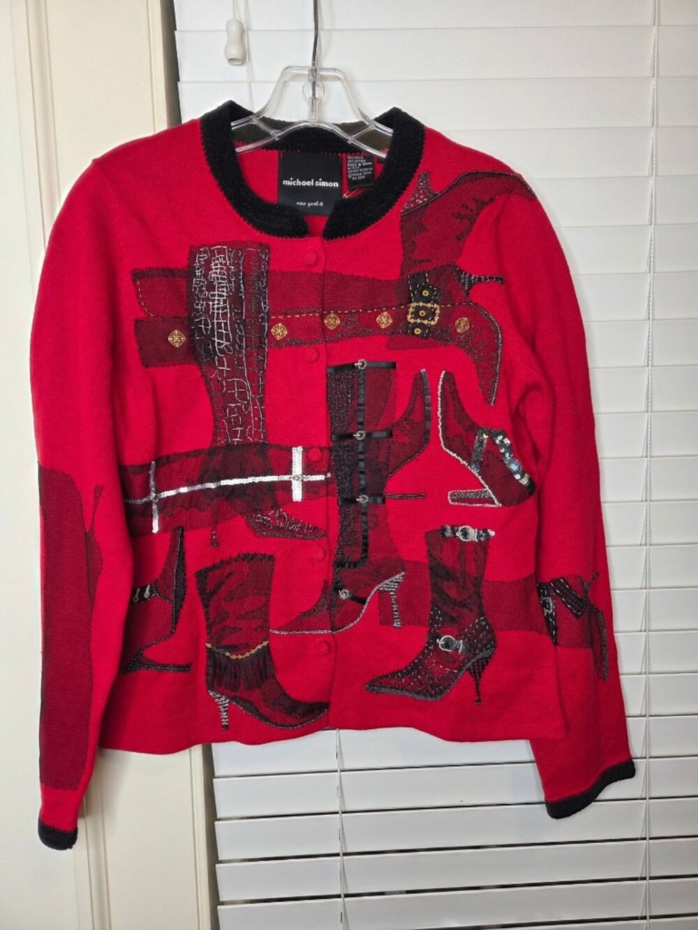 NEW VTG Womens Red Cardigan Sweater Cowboy Boots Embellished S Cotton M. Simons